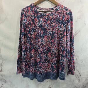 J Jill T Shirt Women Medium Blue Pink Floral Long Sleeve Tee Crew Neck Basic